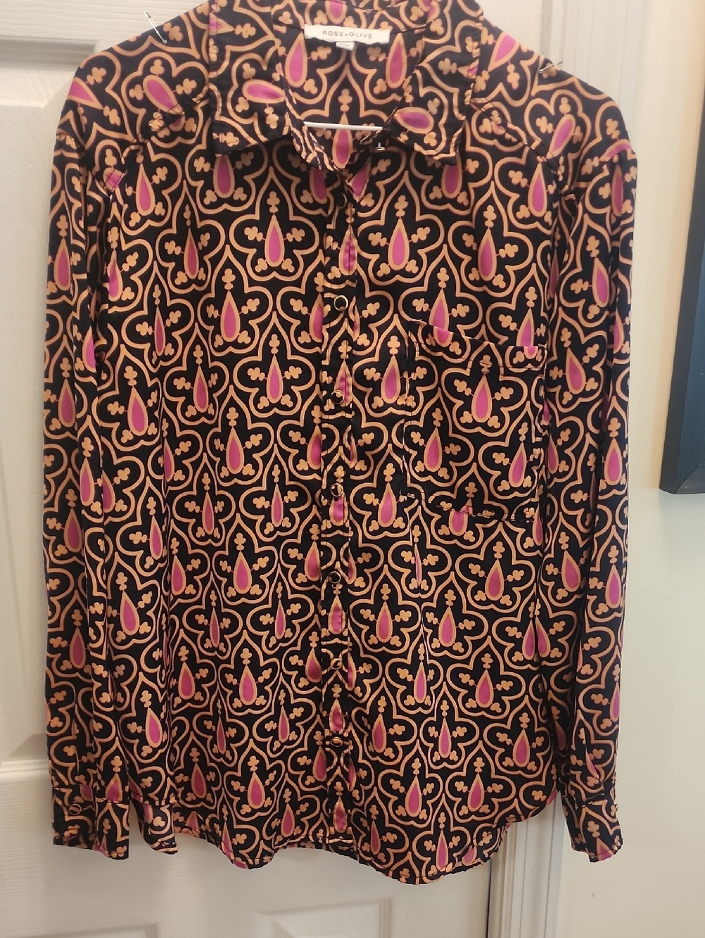 Rose & Olive Black Button-Down Shirt with Pink & Tan Pattern